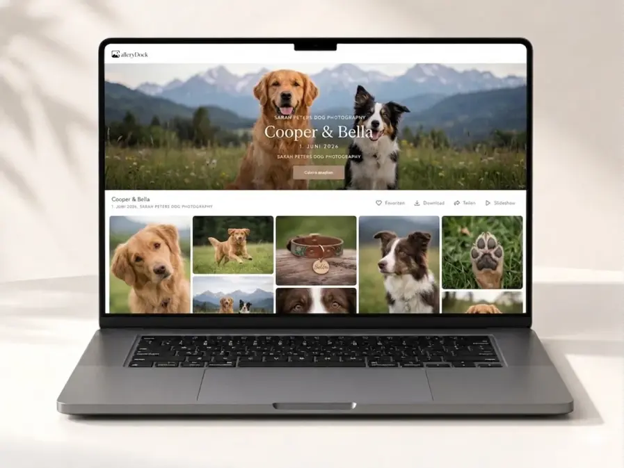 GalleryDock Expands Client Galleries With Website Embedding GalleryDock client gallery displaying dog photographs on a laptop screen